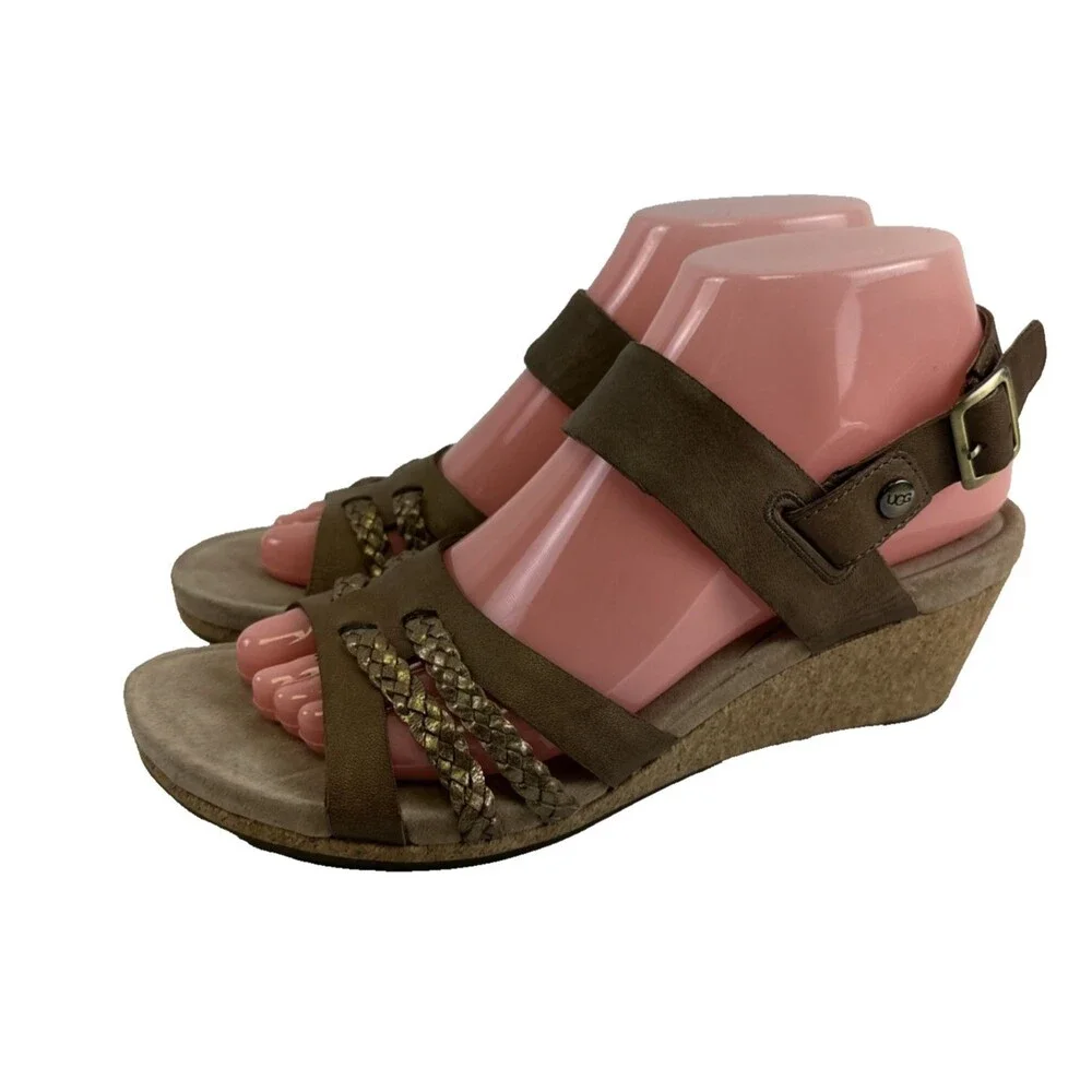 Ugg Serinda Sandal Wedge‎ Brown Tan Leather Ankle Strap Buckle 1014852 Womens 8